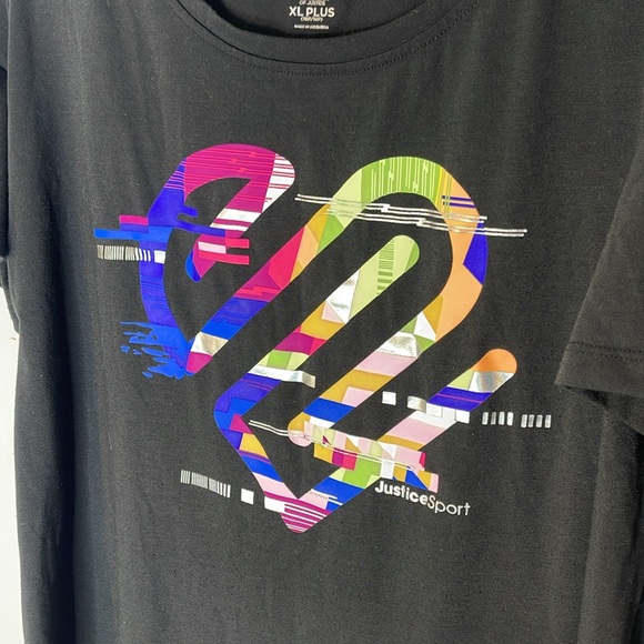 JUSTICE Black Multicolored Graphic Short Sleeve Scoop Neck Top Size XL Plus - Picture 3 of 7